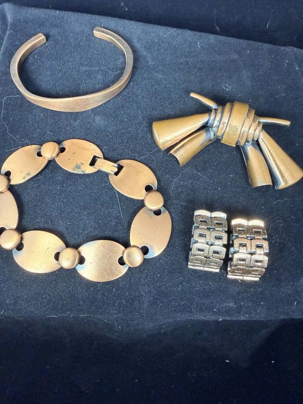 Vtg Renoir Copper Modernist Jewelry Set w/ Bracelet, Pin, & Signed Clip Earrings